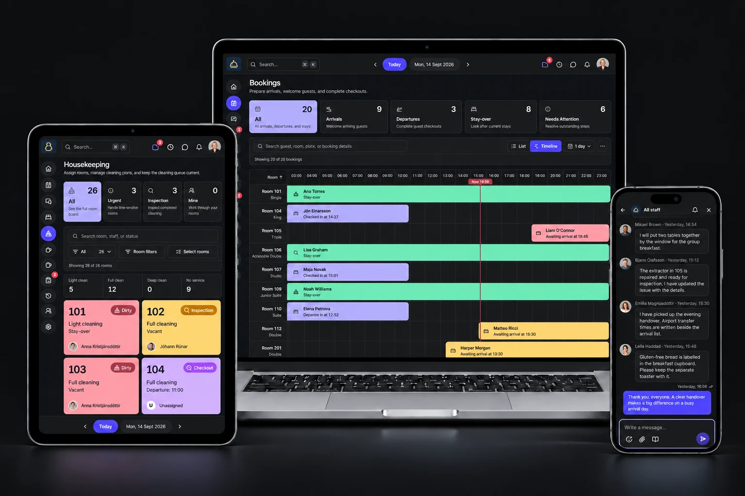 Roomflow in dark mode: the guest-stay timeline on a laptop, housekeeping and room readiness on a tablet, and team chat on a phone.